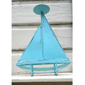 Vintage Nautical Sea Foam Blue Metal Sailboat Decor Pillar Candle Holder